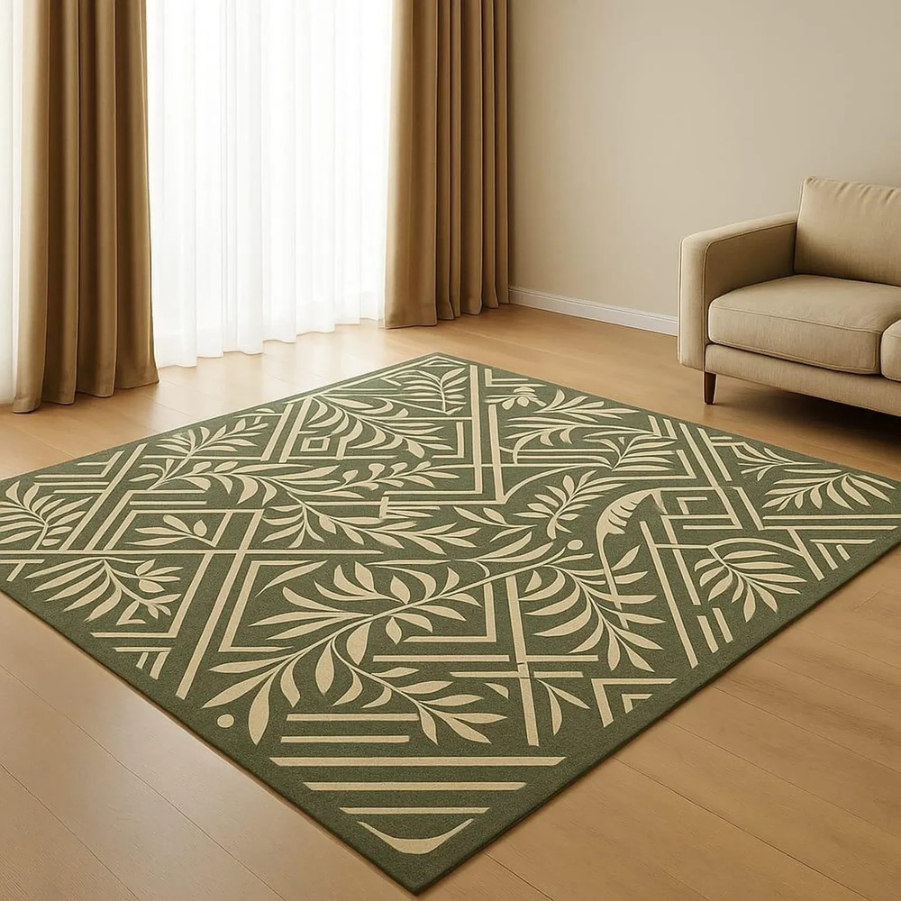 Hand Tufted Wool Leaf Rug: Olive Green Botanical Carpet
