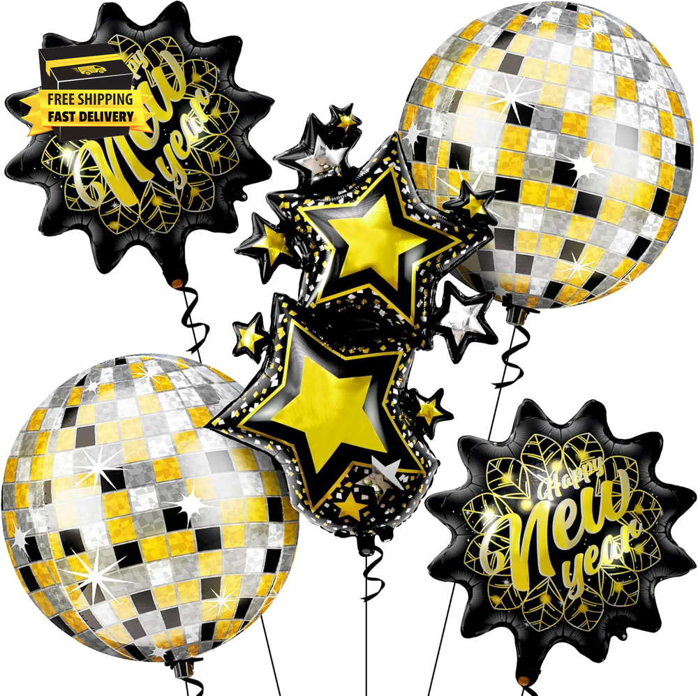 , Giant New Years Eve Balloons Kit - Pack of 5 | Disco Balloons | Happy New Year
