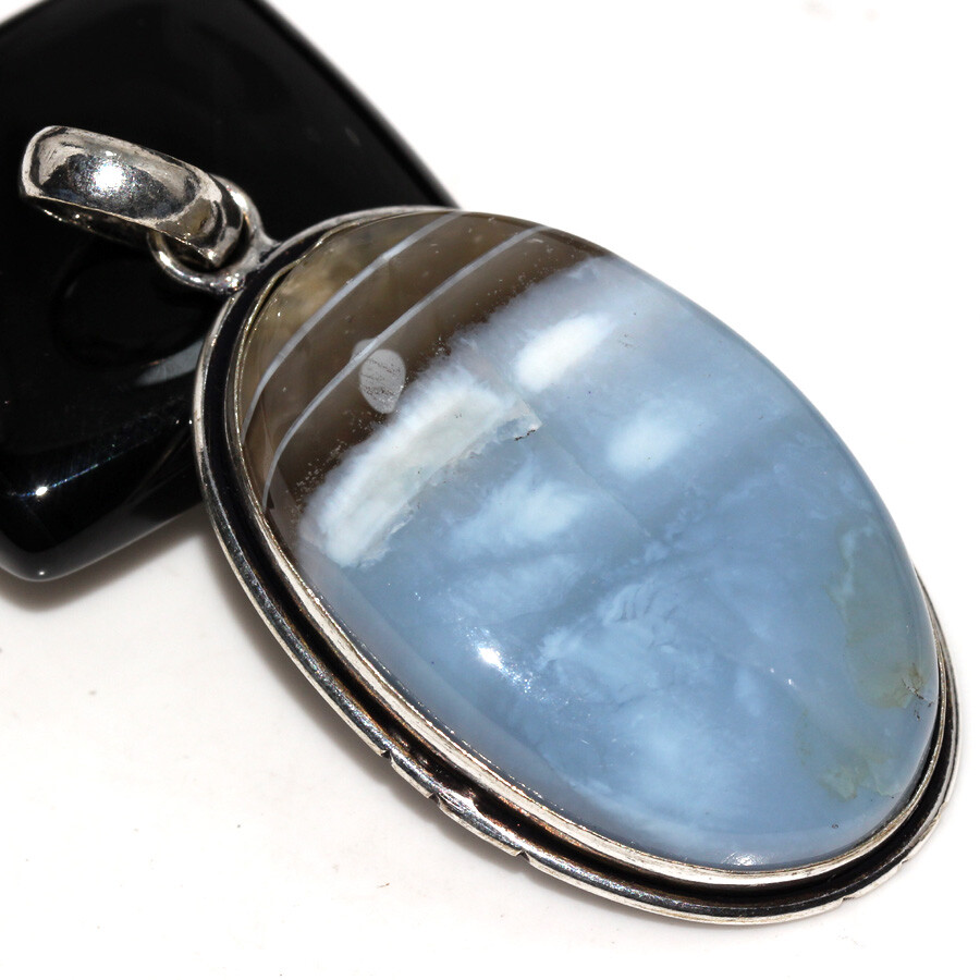 925 Silver Plated Owhyee Blue Opal Ethnic Pendant Jewelry Size 2.1