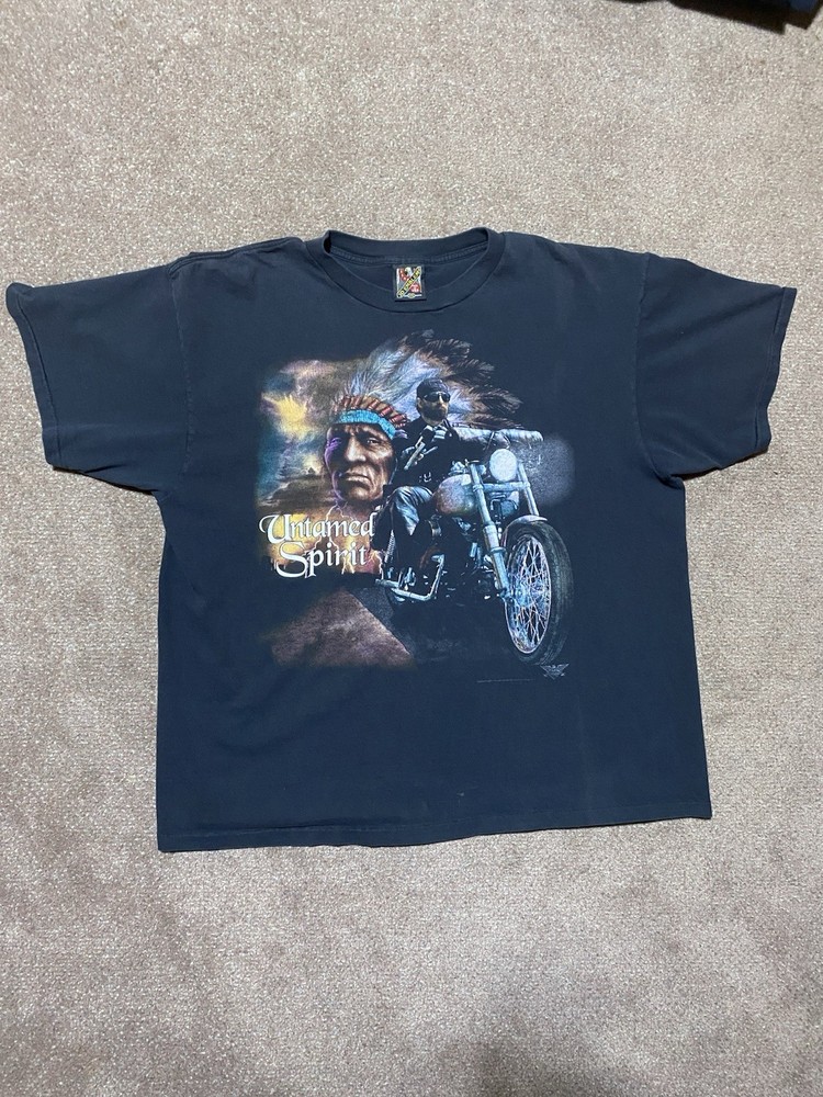 Vintage 90s Biker 3D Emblem Tee With Native American Print And Nice Fade.