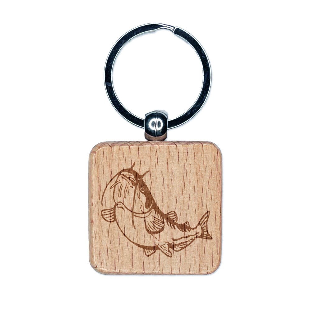 Fat Catfish with Whiskers and Stripes Engraved Wood Square Keychain Tag Charm