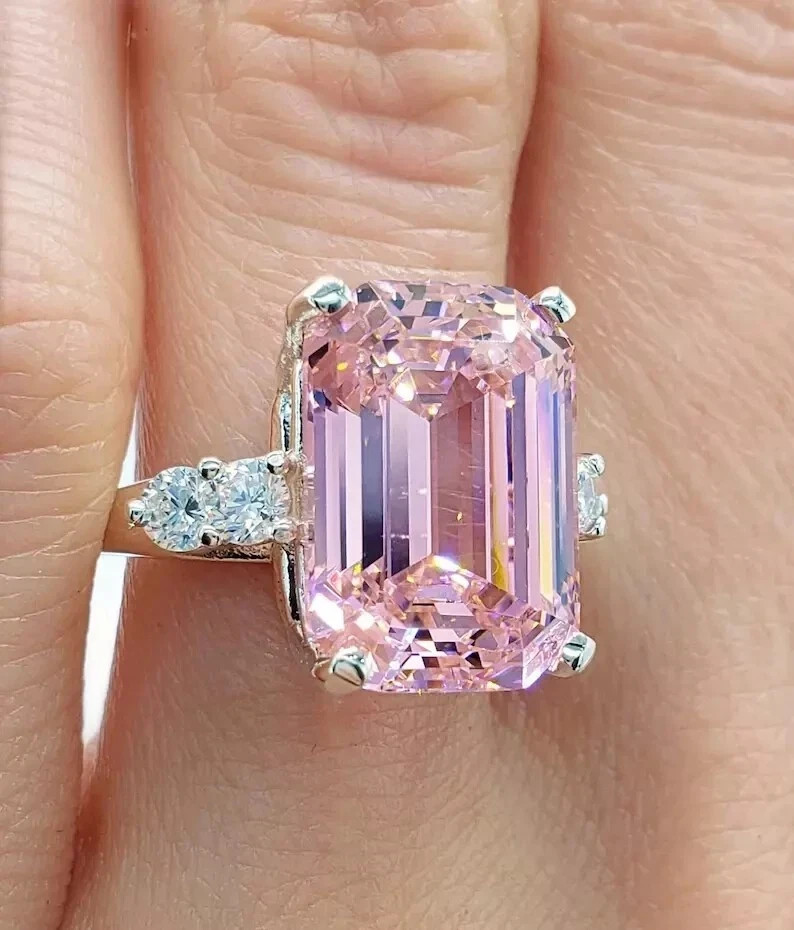 Designer Emerald Cut Fancy Pink Diamond Ring Lab Created 8 Carat 14k White Gold