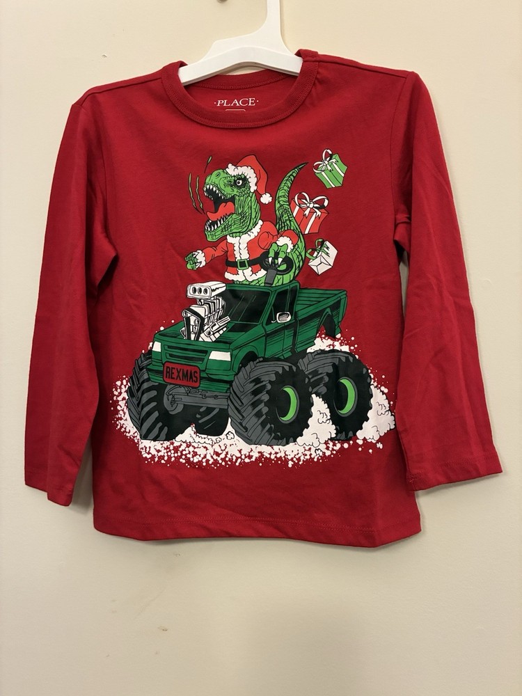 TCP Kids Boys Dino Monster Truck Cotton Blend Christmas Long Sleeve Shirt Red XS