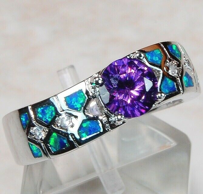 1CT Amethyst & Australian Opal 925 Sterling Silver Ring Size 7 BA2