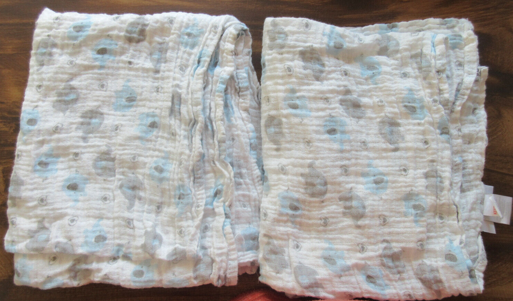 2 Pack Blue White Muslin Cotton Baby Swaddle Blankets 42x36