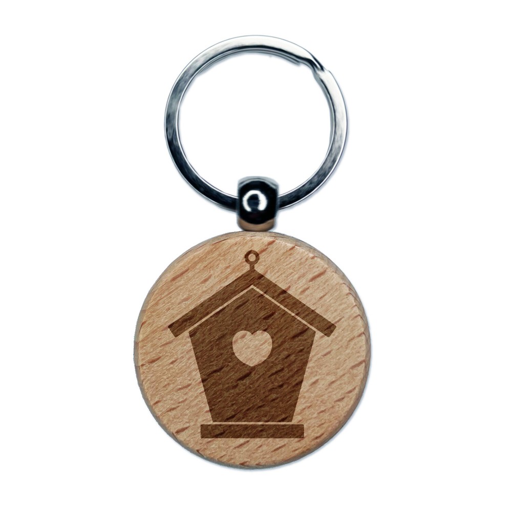 Engraved Wooden Birdhouse Keychain with Heart Silhouette Charm