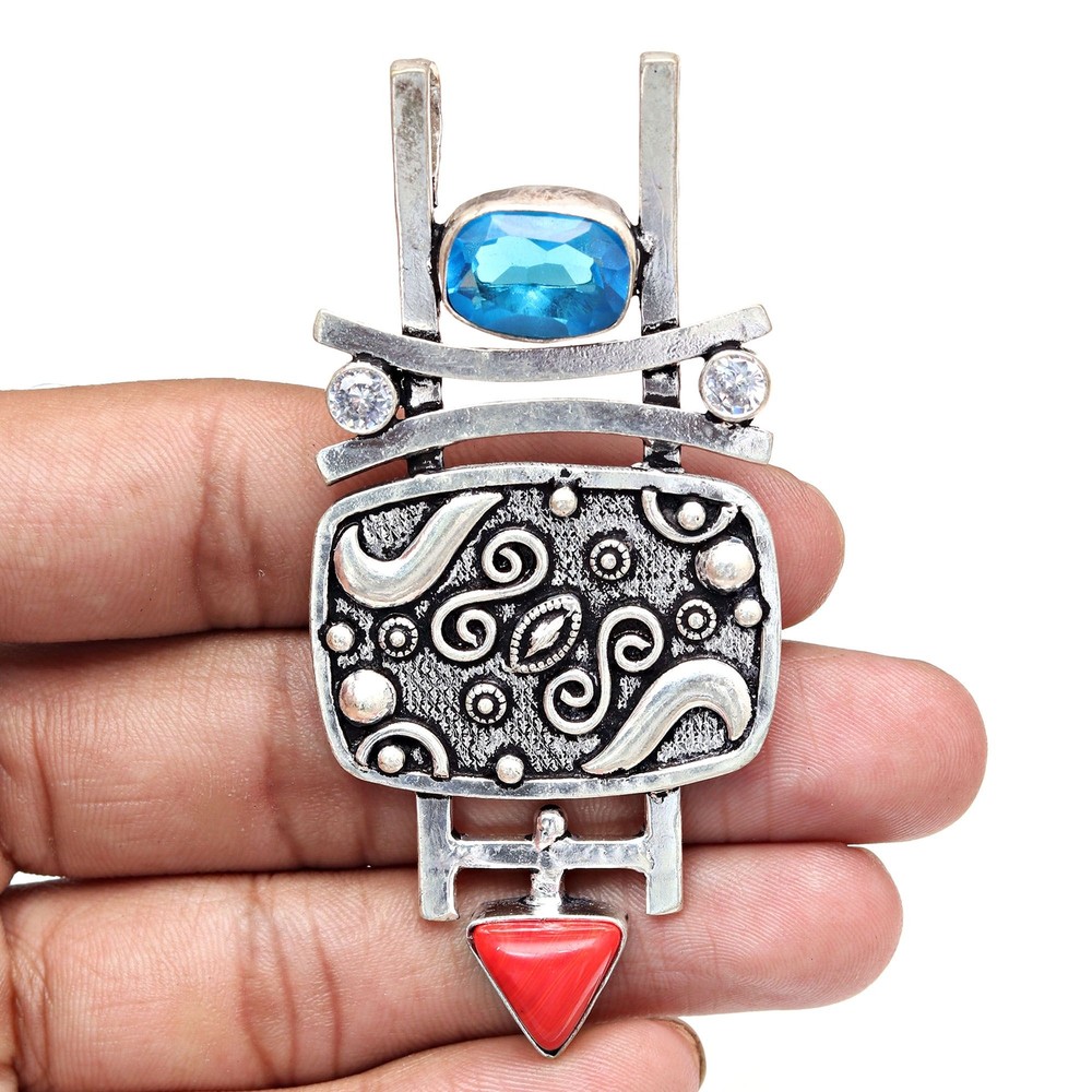 London Blue Topaz Coral Gemstone Silver Pendant for Mother's Day 3 Inch