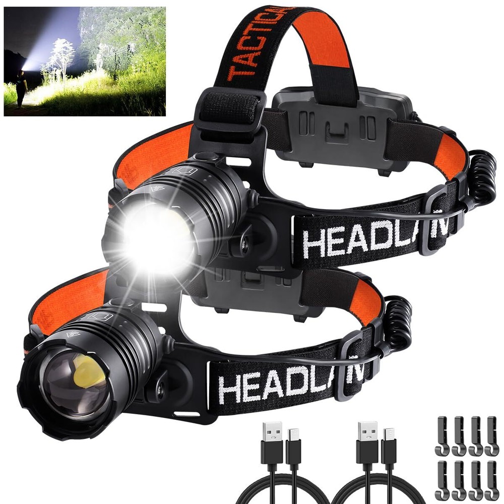 Headlamp Rechargeable 2Pack, 150000LM Bright Head Lamp, Adjustable Focus Head...