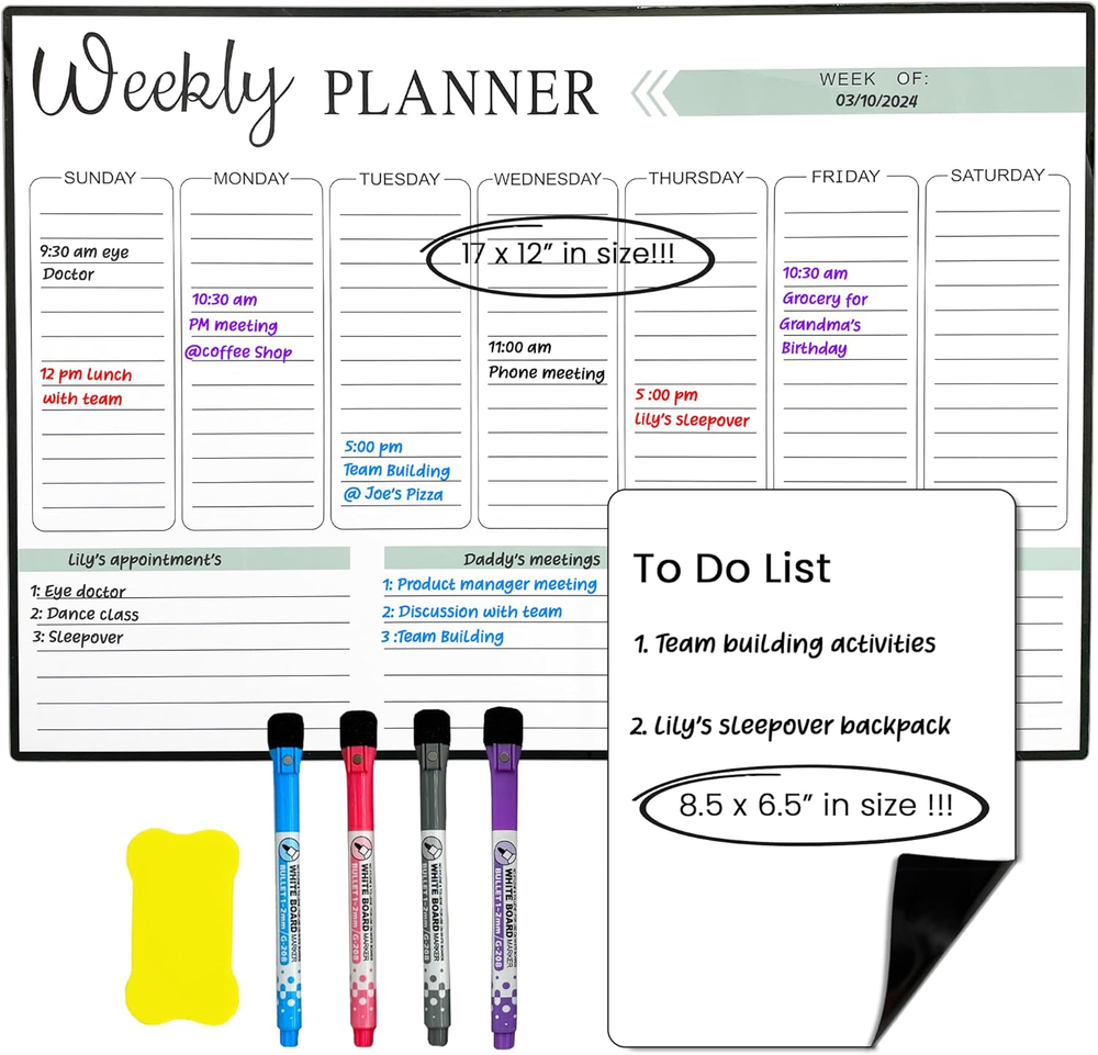 Magnetic Weekly Planner 17 X 12 Inches with Fine Grid – Magnetic Calendar for Fr