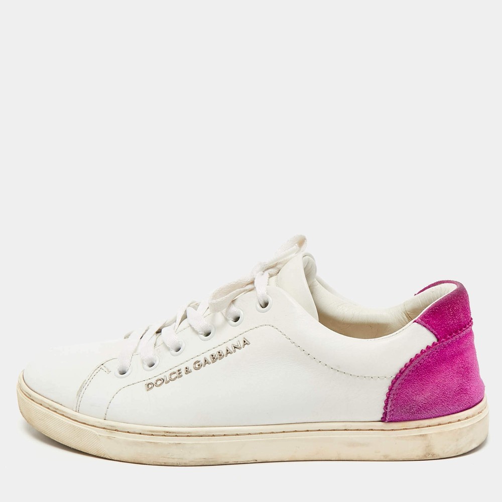 Dolce Gabbana WhitePink Leather and Suede Low Top Sneakers Size 37