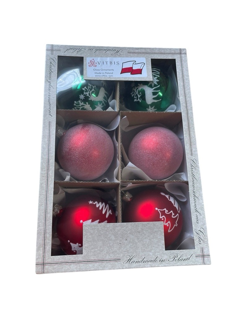 Vitbis Set of 6 Satin Red White Green Glass Christmas Ornaments Sparkles Poland