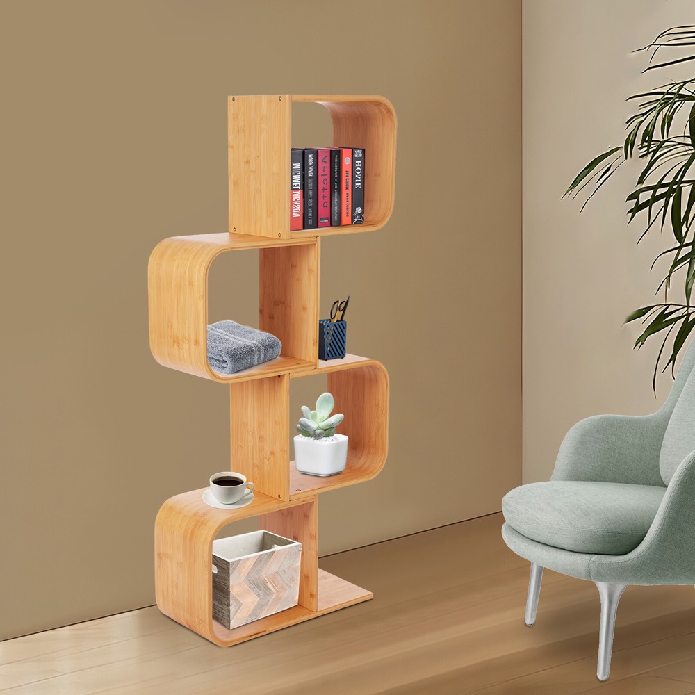 4 Tier Bamboo S-Shaped Floor Standing Bookcase for Home Storage