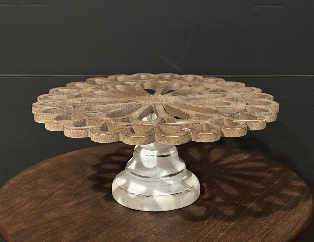 #5…Wooden Cake Stand on Pedestal…12x5. Round Abstract Modern Cake Stand