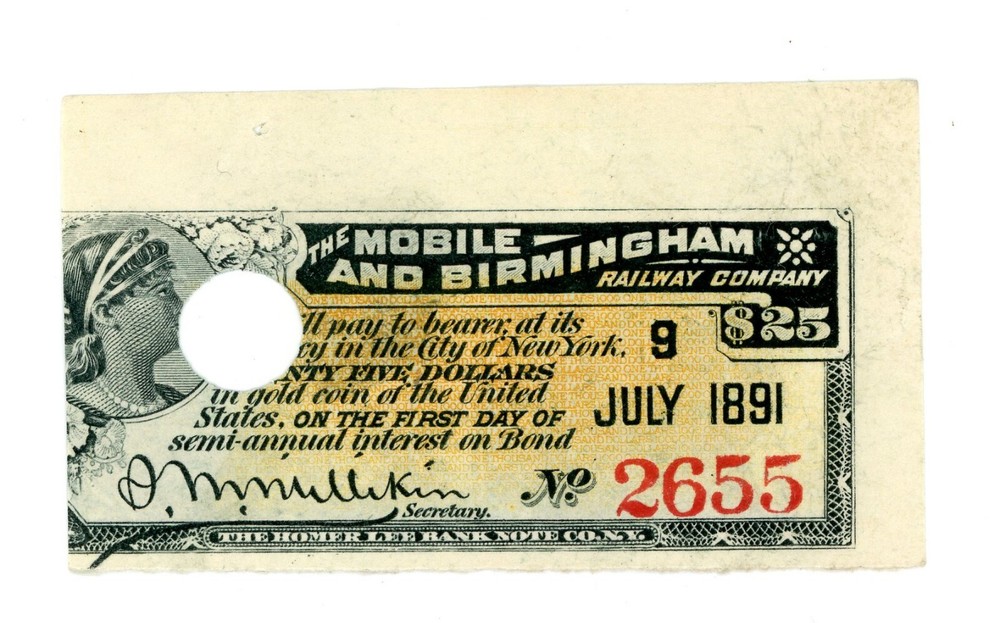 1891 Gold Coin Voucher The Mobile & Birmingham Railway Co-image