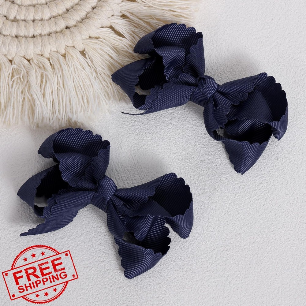 Navy Blue Hair Bows for Girls 3in Scalloped Edge Alligator Clips