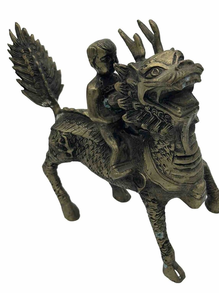 Chinese Folk Feng Shui Brass Foo Fu Dog Guardian Lion Beast Statue Boy Rider