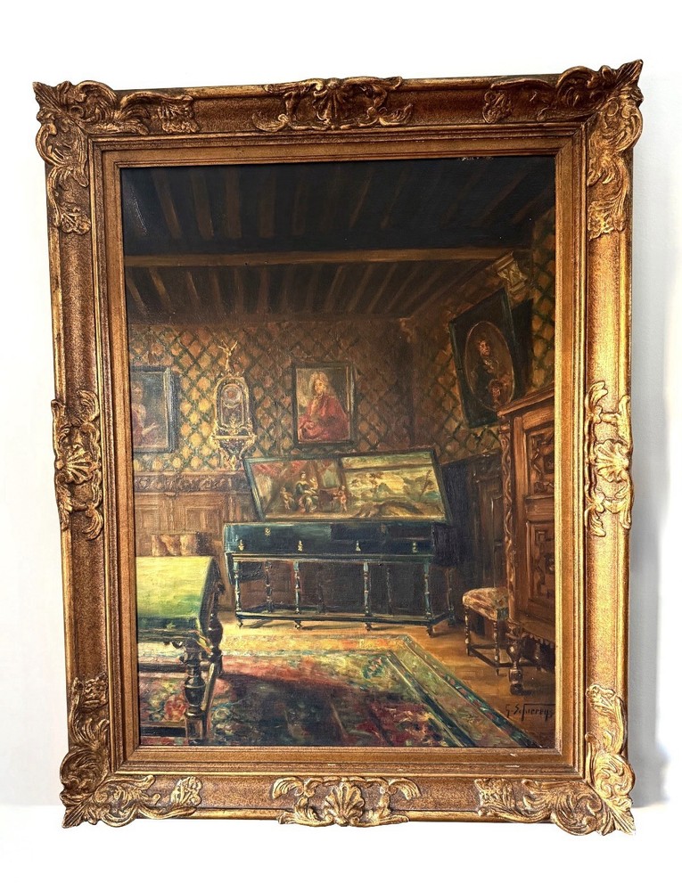 Large Antique French Interior Scene w/ Harpsichord – Oil on Canvas, Signed