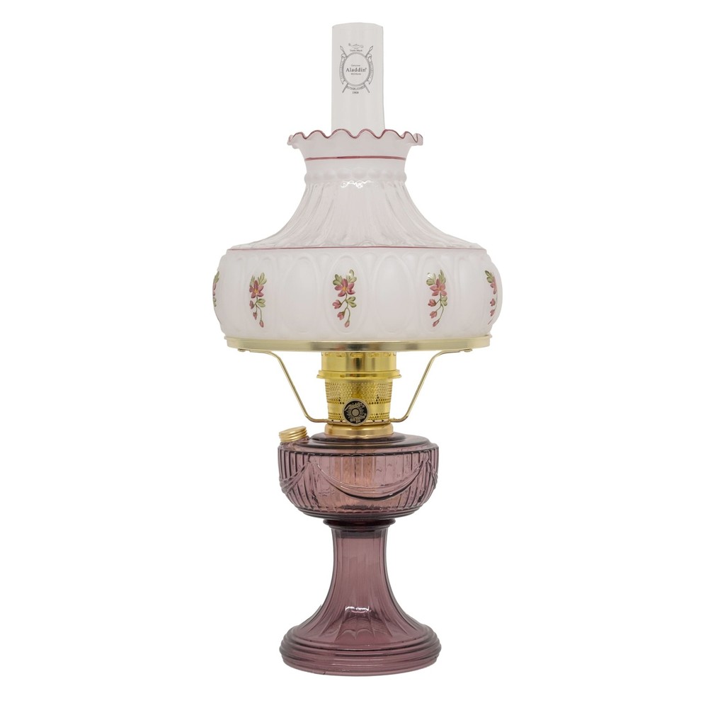 Aladdin Amethyst Lincoln Drape Table Oil Lamp with Rose Shade and Brass Trim