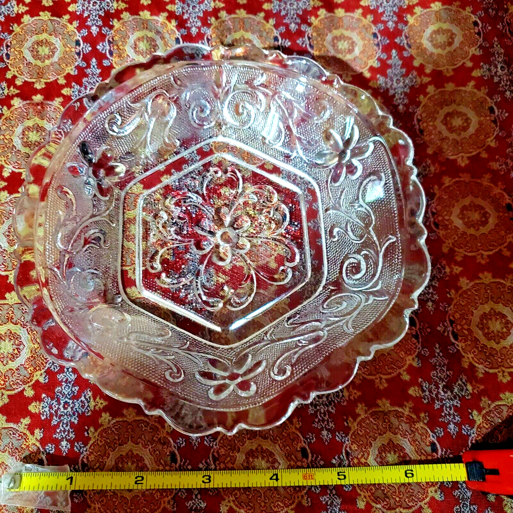 Vintage Depression glass scalloped dish with floral pattern 6.5x6.5 inches