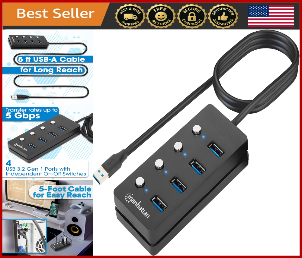 4 Port USB 3.2 Hub Splitter, 5ft Extension Cable, On/Off Switch, PC/Laptop Adapt