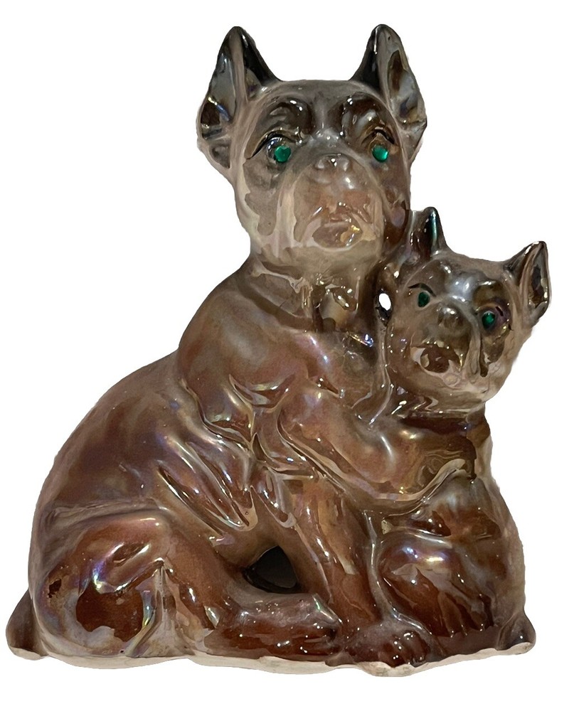 Vintage Lustre Boxer Dog Figurine with Green Gem Eyes Japan MCM Collectible