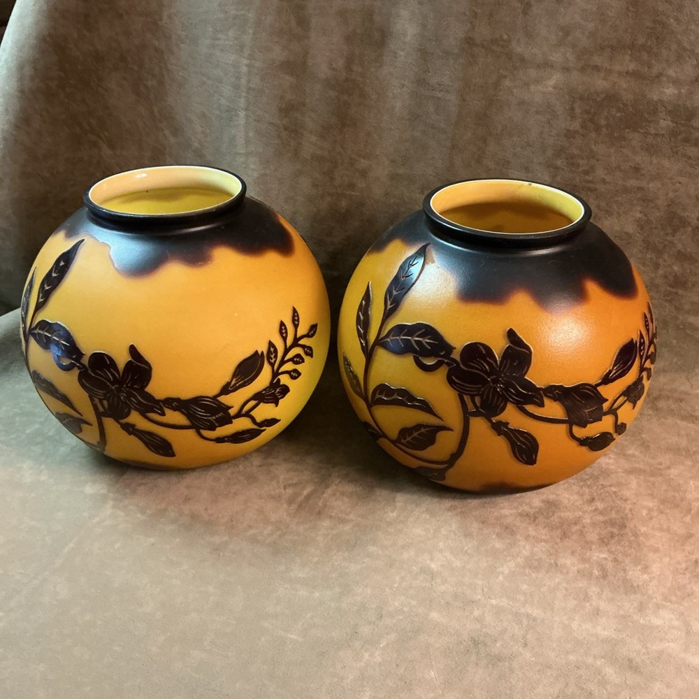 Pair More modern floral design cameo glass large rose bowl vase orange Brown