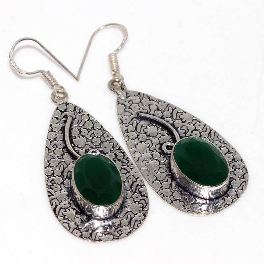 Green Onyx 925 Silver Plated Gemstone Handmade Earrings 2.3