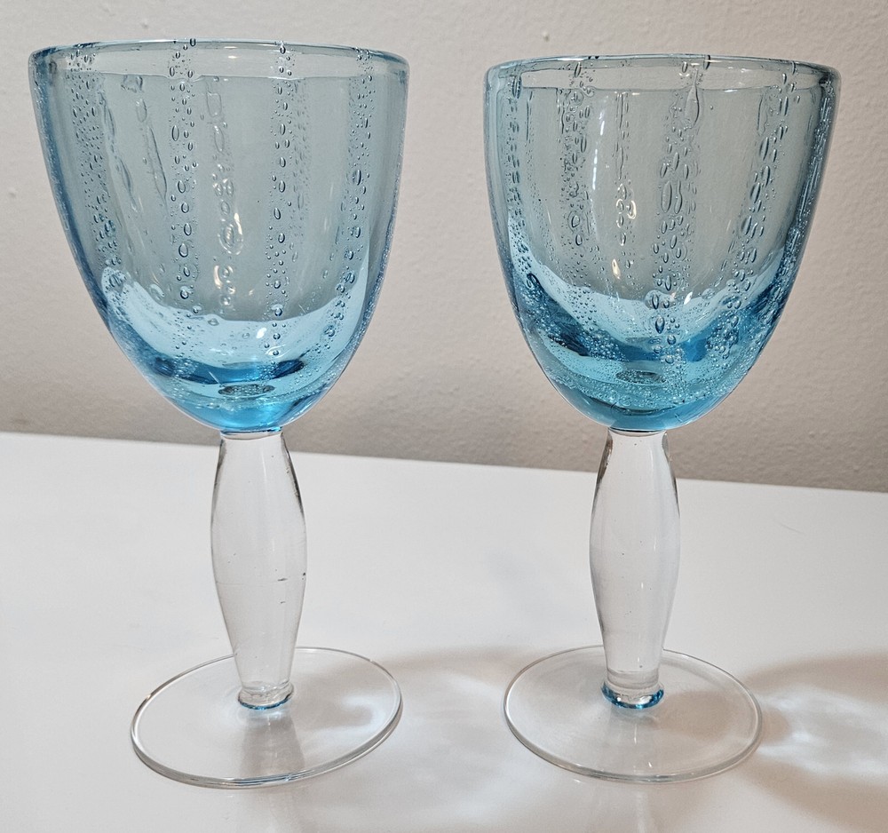 VTG Aqua Blue Bubble Glass Wine Glasses with Clear Stems 8 Inch WAS 23 #1191