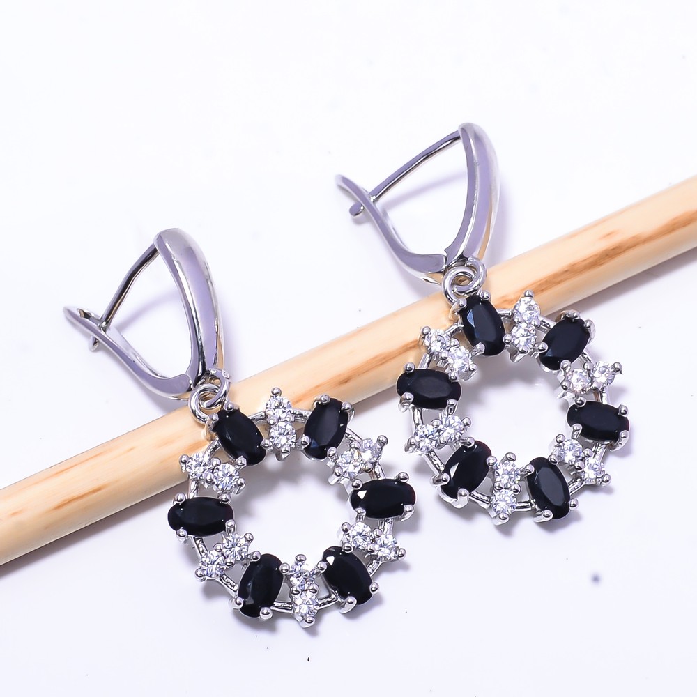 Black Onyx & Cubic Zirconia Gemstone 925 Sterling Silver Earring 1.56