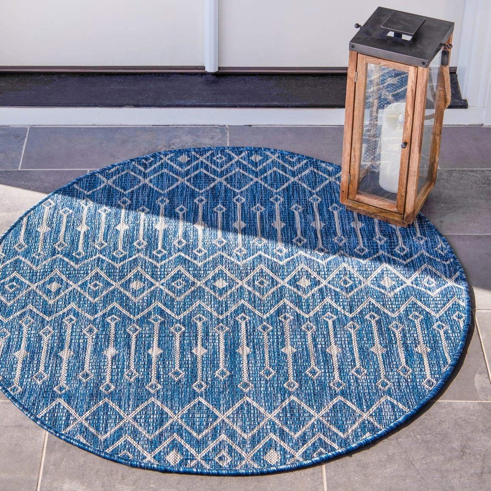 Blue Ivory Tribal Trellis Outdoor Rug 7x7 Round Area Rug