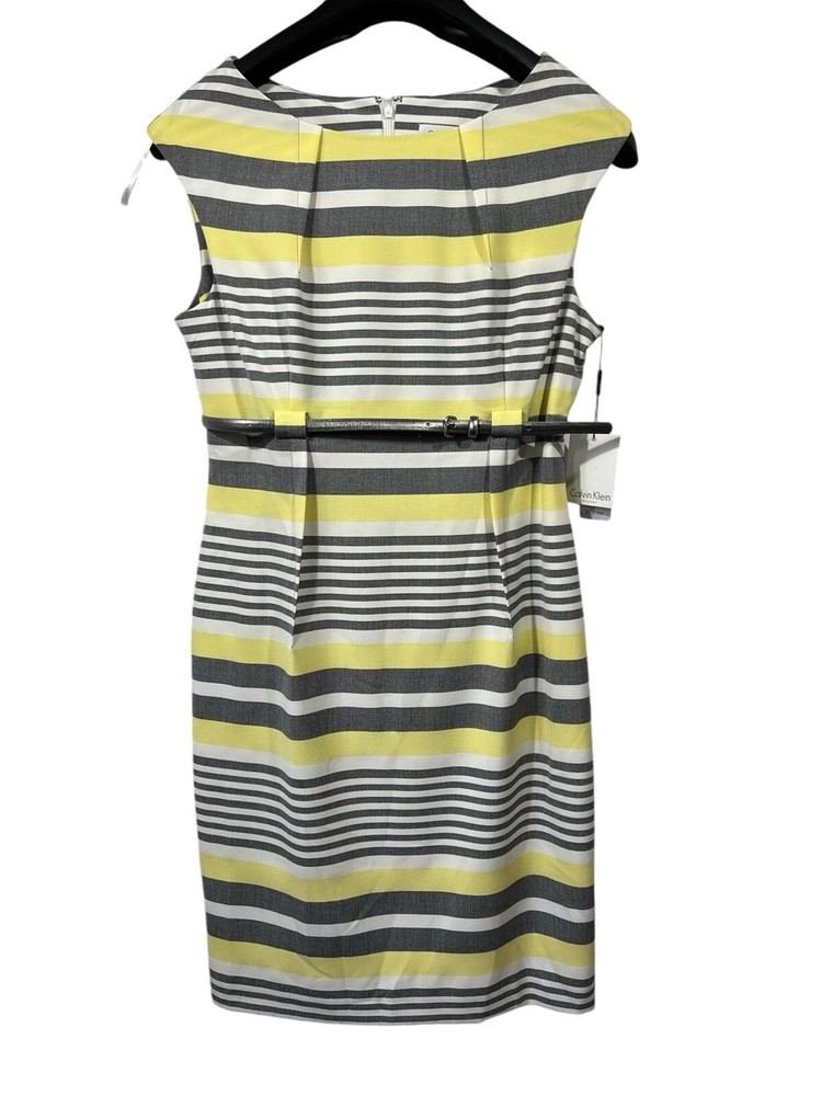 Calvin Klein Womens 12 Yellow Gray Striped Sheath Dress Cap Sleeves Silver Belt