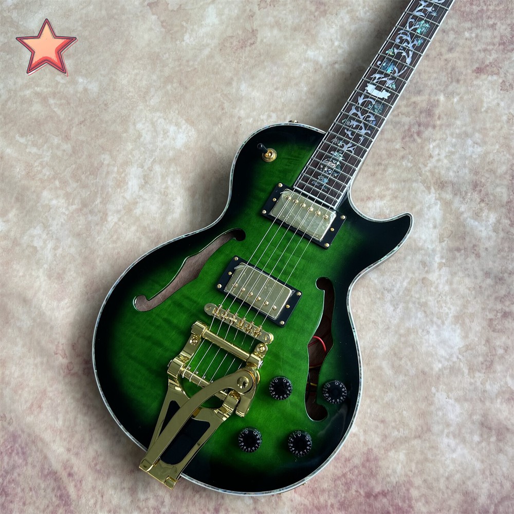 Semi-Hollow LP Guitar Green Sunburst Gold Hardware HH Pickups