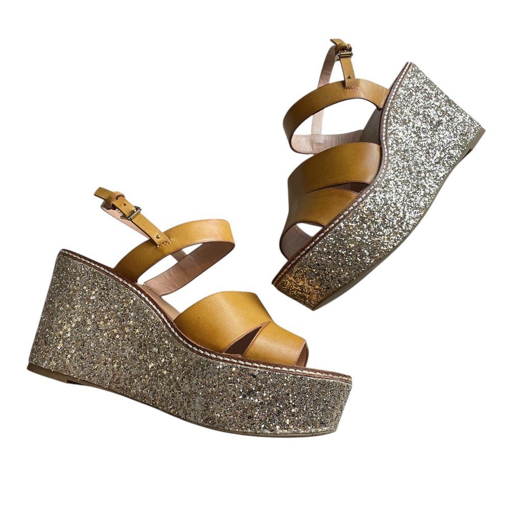 ALDO Gold Glitter Platform Wedge Sandals Ankle Strap Mustard Yellow Sz 10