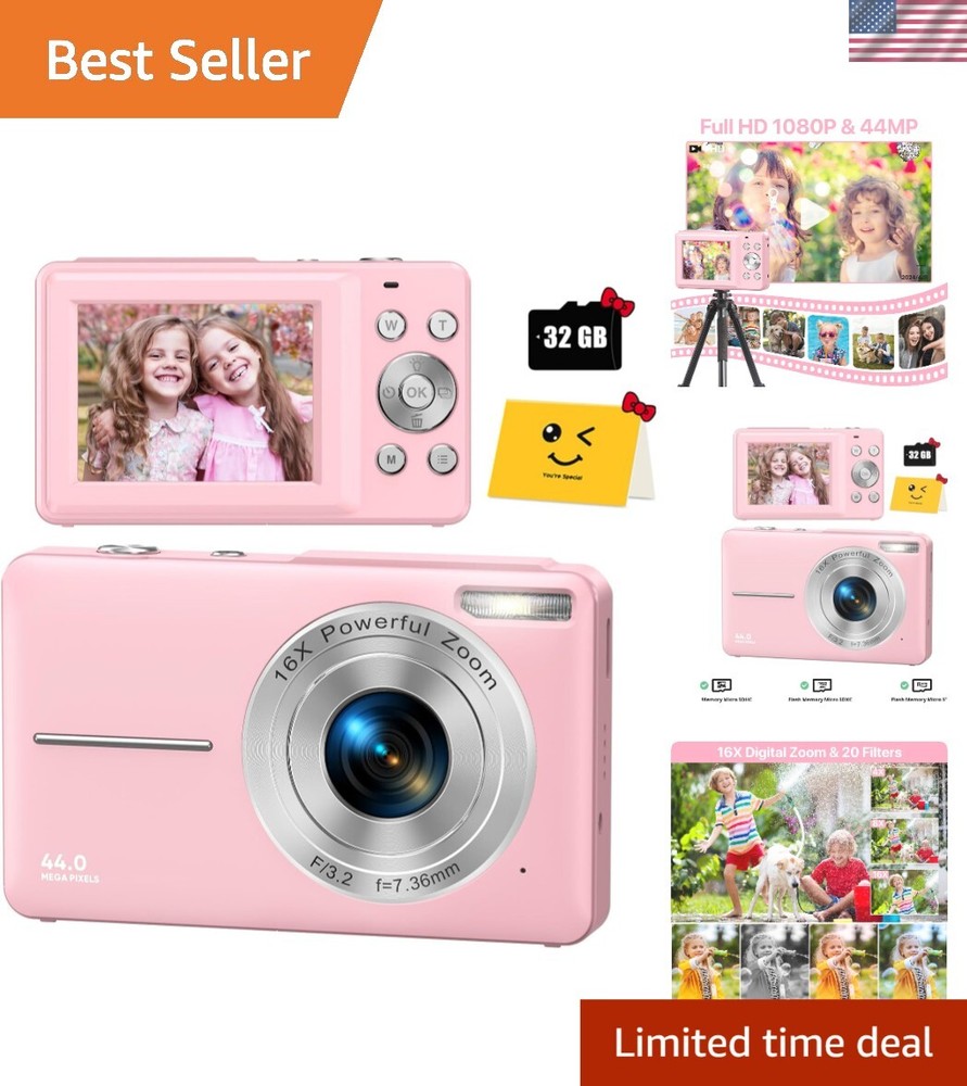Lightweight 44MP Kids Digital Camera | FHD Video & 16X Zoom - Best Gift Card