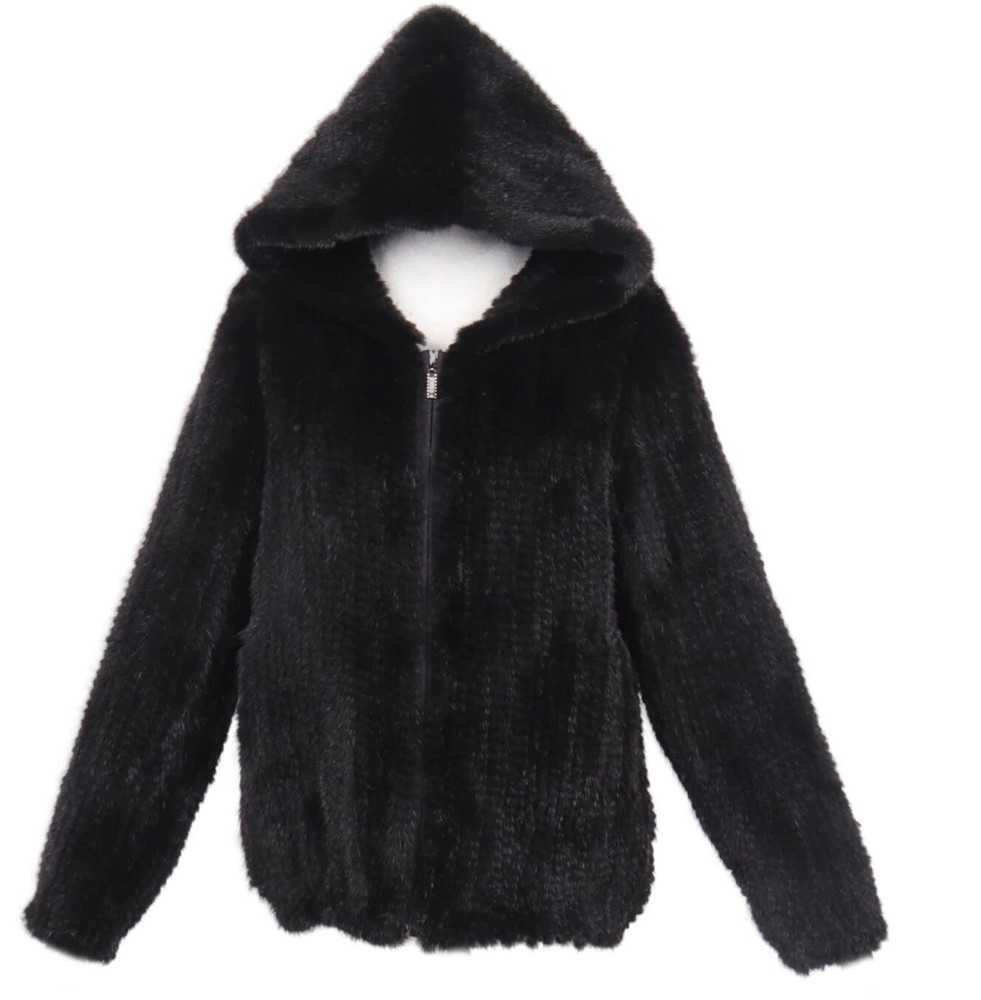 Women's Sz 6 Brand New Genuine Knitted  Mink Fur Coat Bomber Jacket with Hood