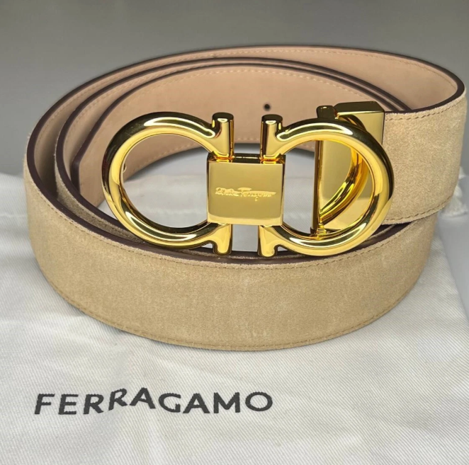 Authentic Salvatore Ferragamo Men's Beige Suede Belt with Gold Buckle 105/42
