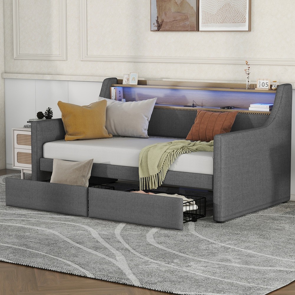 Twin Upholstered Daybed with Storage Drawers and Charging Station