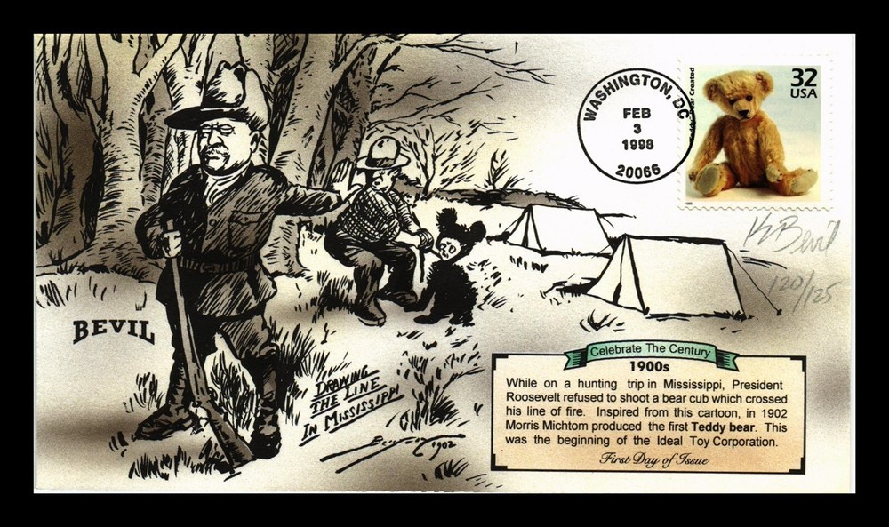 DR JIM STAMPS US COVER TEDDY BEARS CELEBRATE CENTURY FDC BEVIL HAND PAINTED