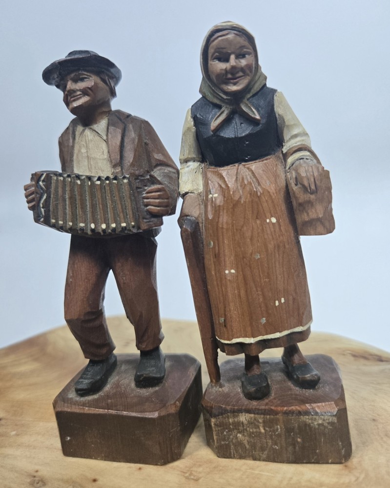 “The Alpine Companions” – Vintage Hand-Carved Folk Figures, c. 1950s–70s