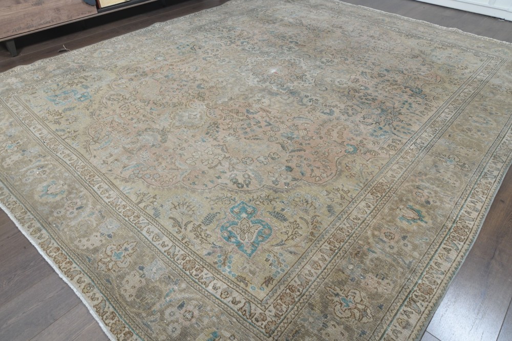 9.9x12.1 ft Medallion Vintage Turkish Oushak Rug, Faded Orange Handmade Wool Rug