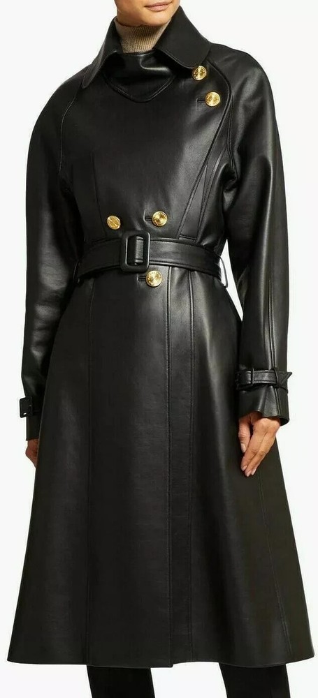 Women's Genuine Leather Long Coat Real Lambskin Stylish Black Belted Trench Coat