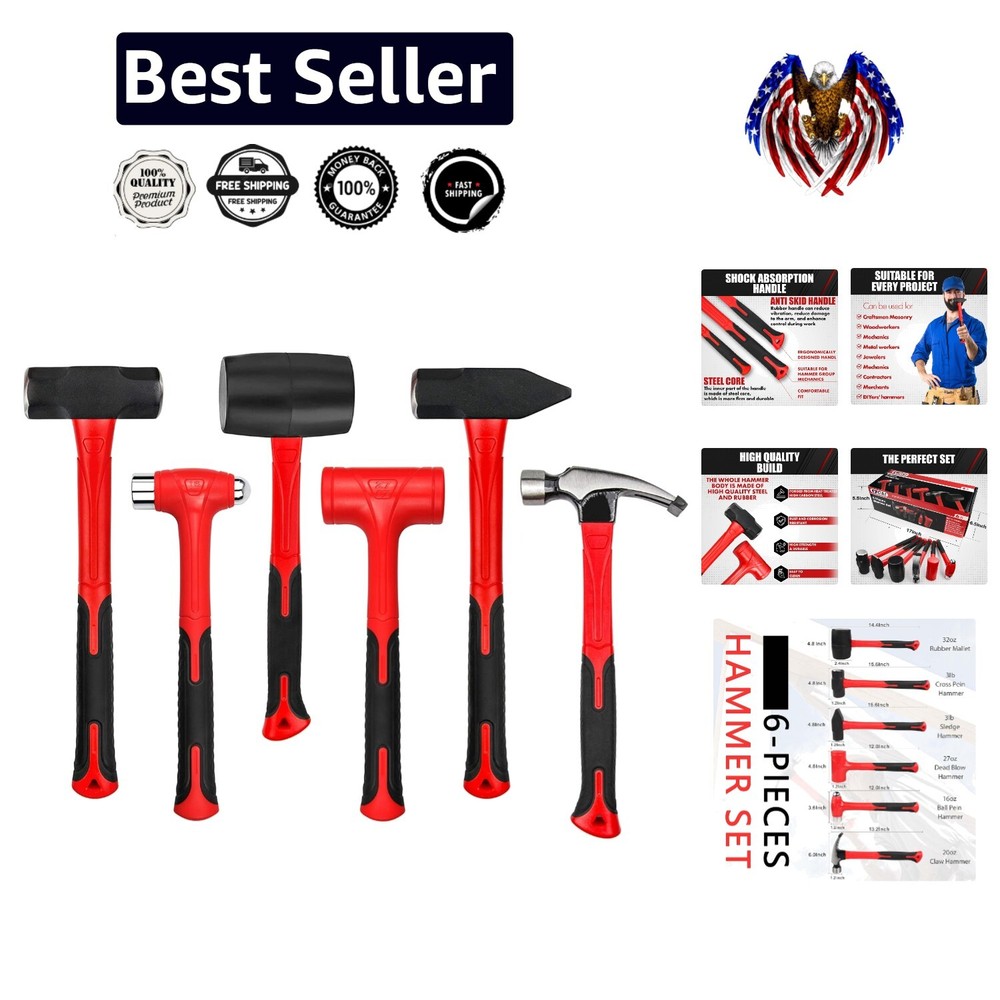 6-Piece Shock Absorbing Hammer Set with Ergonomic Grip for DIY Projects
