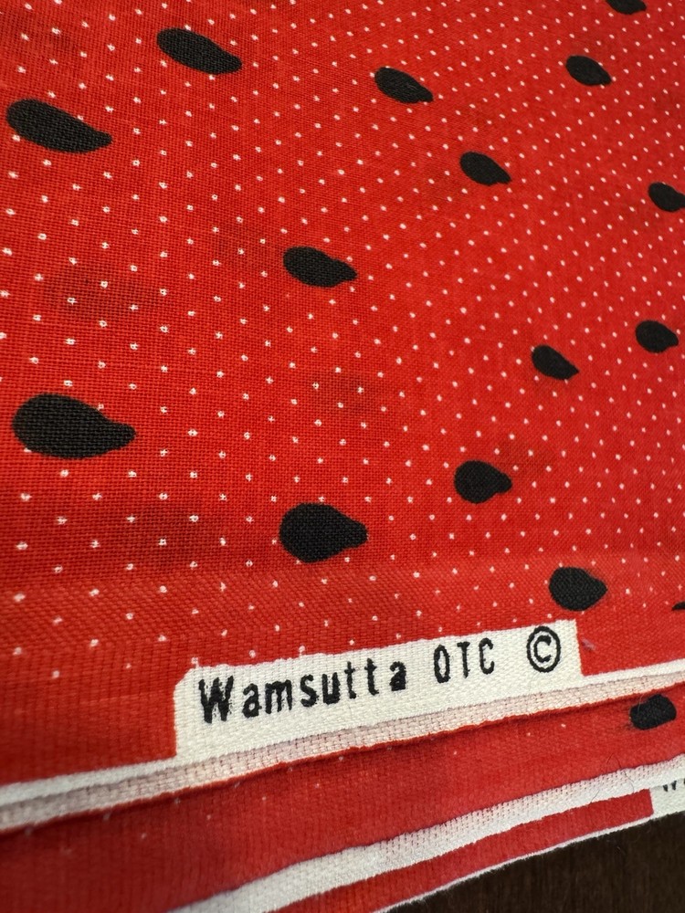 VTG Wamsutta COTTON Fabric Black Watermelon Seeds RED White Polka Dots BTY 45