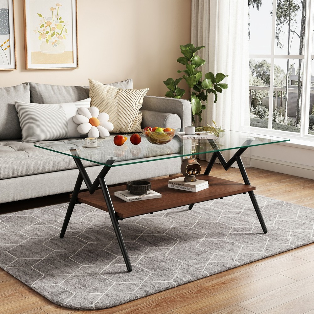 Modern Tempered Glass Coffee Table 2Layer Rectangle Tables Shelf for Living Room