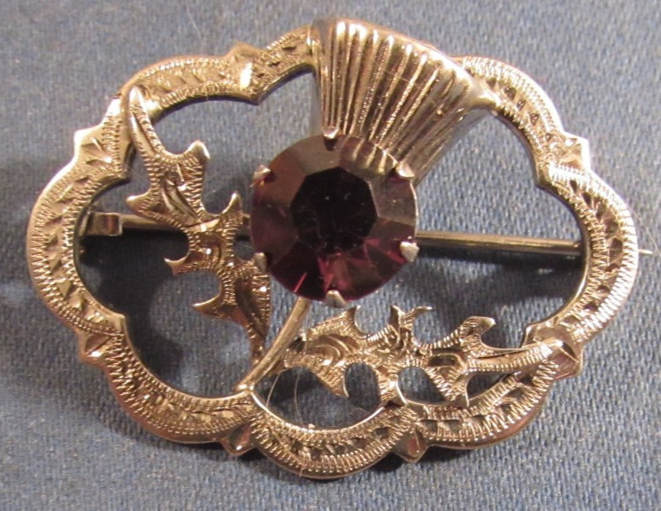 Vintage Sterling Silver Scottish Thistle Amethyst Crystal Brooch Pin Signed W B