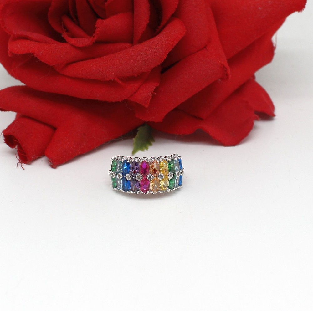 Sterling Silver Colorful Rainbow JTV  CZ  Ring Size 8 6.65g CAT RESCUE
