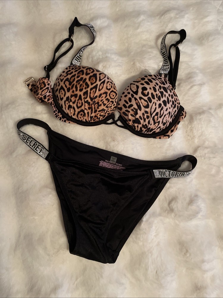 Victoria’s Secret Swimsuit Bikini Set Leopard 32C Padded Large Bottoms