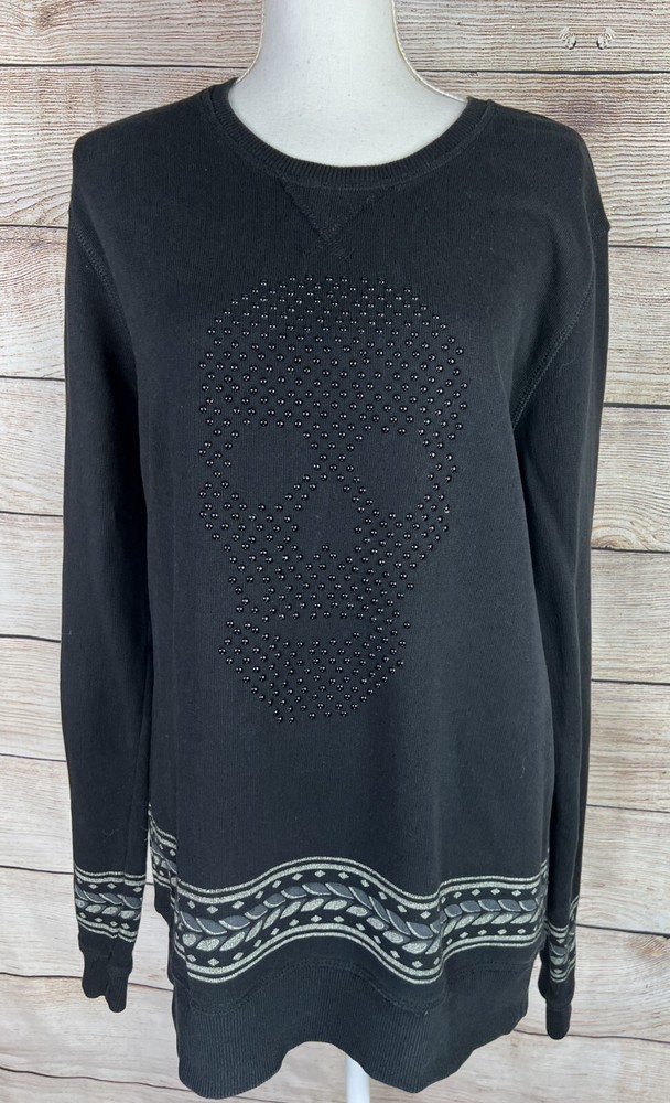 Women's XL Black Embellished Skull Knit Sweater with Studs EUC