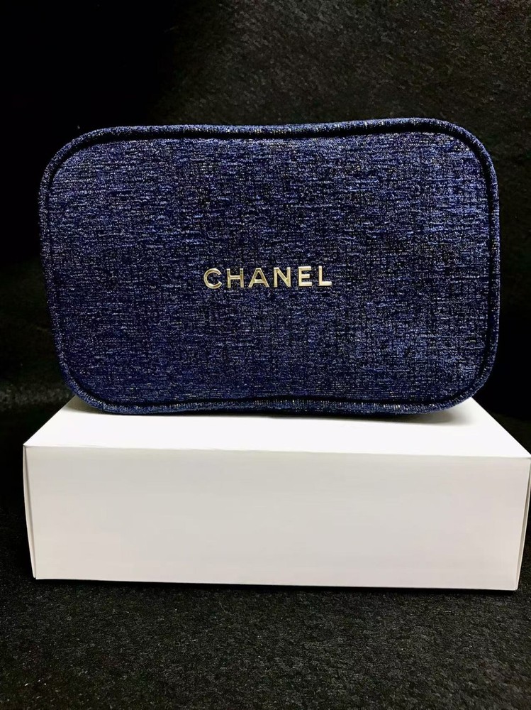 CHANEL Beaute Cosmetic Makeup Bag Pouch Clutch Sparkling NAVY GOLD w/ gift box