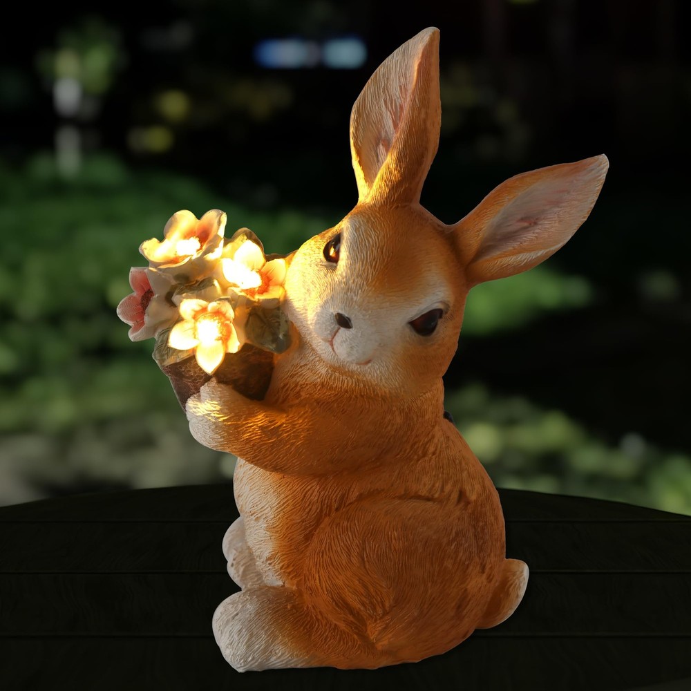 Solar-Powered Rabbit Statues with Flowers for Garden Decor
